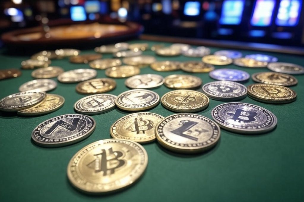 Leuchtender Bitcoin mit Marktcharts, Kryptowährungssymbolen und Glücksspiel-Roulette – zeigt die Volatilität und Spekulation im Kryptomarkt.