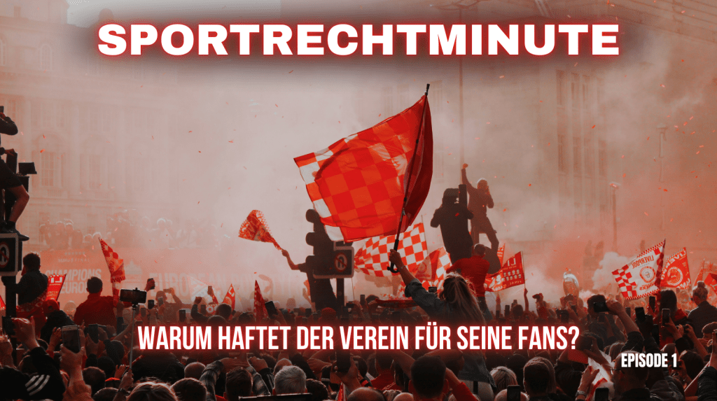 Beitragsbild zur SportRechtMinute: Richterhammer, Waage und Fußball mit der Frage, warum Fußballvereine für das Verhalten ihrer Fans haften