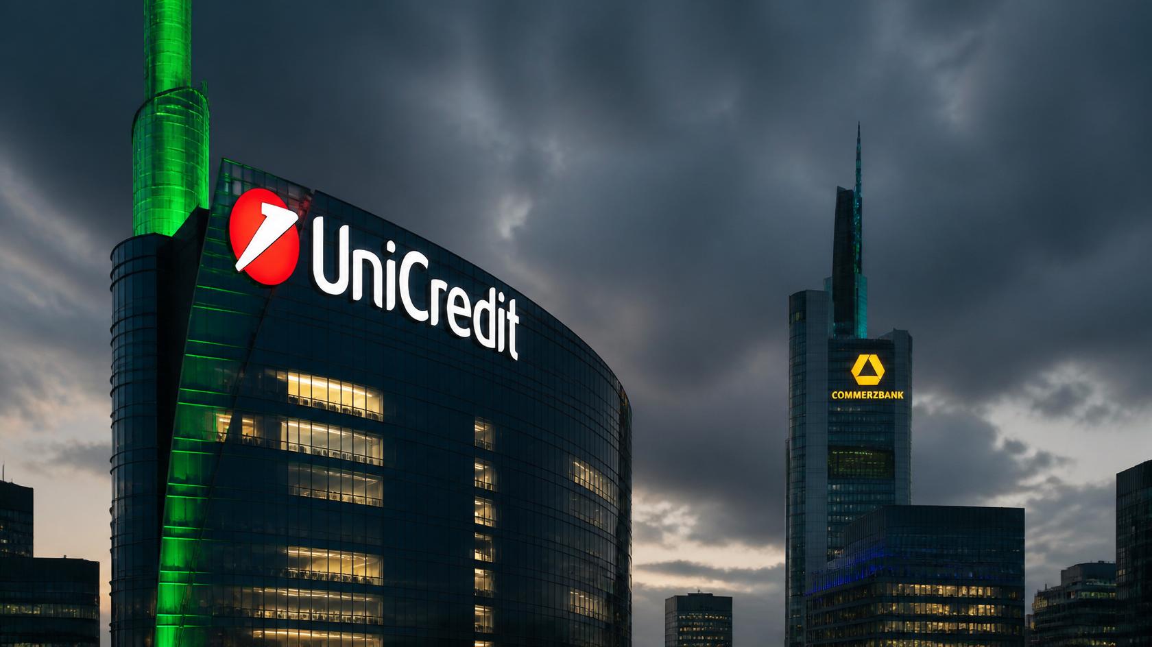 Hochhaustürme der UniCredit und der Commerzbank in der Frankfurter Skyline bei bewölktem Himmel in Schwarzweiß